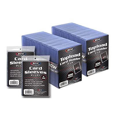 BCW 3x4 Topload Card Holders and Card Sleeves Combo | 200 Clear Plastic Toploaders and 200 Soft Card Sleeves | Protect, Store, and Display Trading Cards | Durable Card Storage Box for Collectors - size: 200 Pack