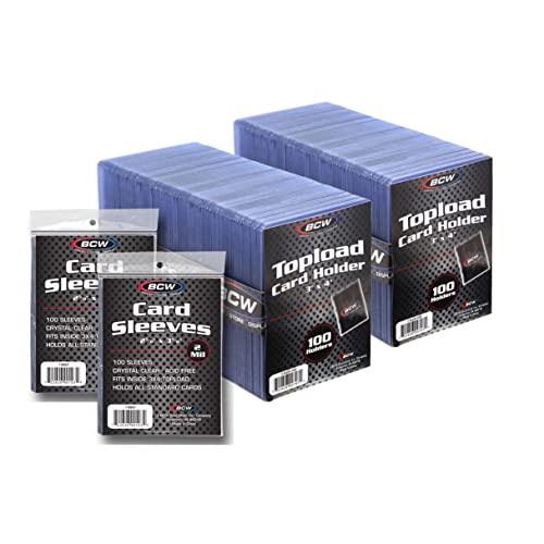 BCW 3x4 Topload Card Holders and Card Sleeves Combo | 200 Clear Plastic Toploaders and 200 Soft Card Sleeves | Protect, Store, and Display Trading Cards | Durable Card Storage Box for Collectors - size: 200 Pack