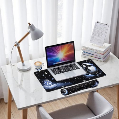 Moon Cat Desk Mat Set Starry Night Large Mouse Pad with Wrist Rest 4in1 Desk Mat for Desktop Ergonomic Computer Desk Arm Wrist Anti-Slip Computer Ergonomic Mouse Pad Home Office Gaming - color: Moon Cat