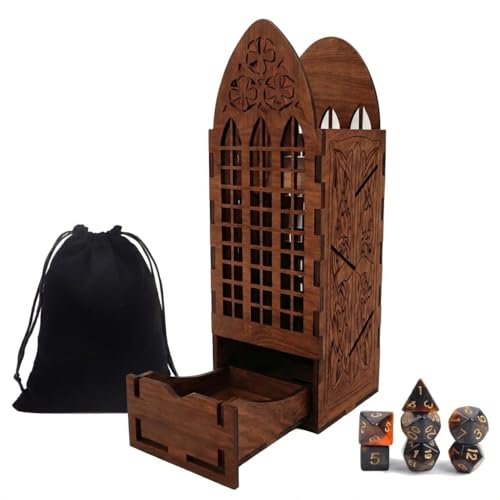 Walnut DND Dice Tower with 7 DND Dice Set & Pouch, Vintage Walnut Finish RPG Dice Roller for DND Dungeons and Dragons, Pathfinder & TTRPG Tabletop Games