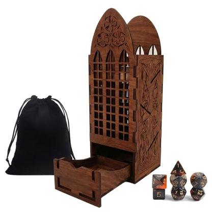 Walnut DND Dice Tower with 7 DND Dice Set & Pouch, Vintage Walnut Finish RPG Dice Roller for DND Dungeons and Dragons, Pathfinder & TTRPG Tabletop Games