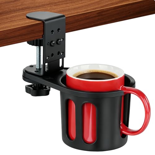 MYITYARD Desk Cup Holder Clamp, Clip On Table Cup Holder, Rotatable Water Bottle Stand Drink Coffee Mug Storage, Office Accessories for Home and School - color: Black-1