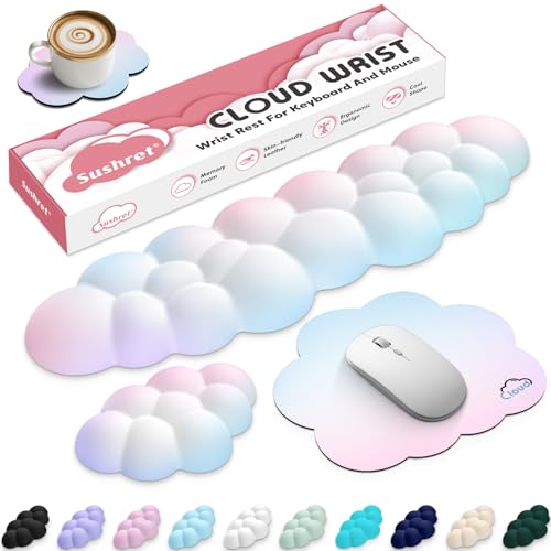 Sushret Cloud Wrist Rest for Computer Keyboard and Mouse Pad Set, Rainbow | Memory Foam, Leather, 4-in-1 Cloud Keyboard Wrist Rest Set with Ergonomic Support for Arm and Palm Cushion, Gaming/Work Setup - color: 02 Rainbow Set, size: Full Size