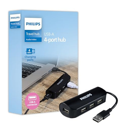 Philips 4-Port USB 2.0 Hub with 480 Mbps Data Transfer, Data USB Hub | Perfect for Travel, for MacBook, iMac, Surface, External Hard Drives, Flash Drives, Keyboard, Mouse, Black, SWL3923B/37 - style: USB-A to 4 Port USB