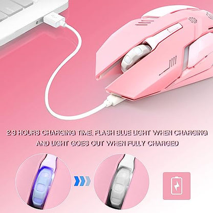 VEGCOO Pink Wireless Gaming Mouse, Silent Click Wireless Mouse with Colorful RGB LED Lights, Rechargeable Computer Mice with Side Buttons and 3 Level DPI, for Laptop and Desktop - color: Pink