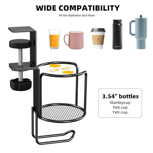 CABTE 2 in 1 Desk Cup Holder with Headphone Hanger Holder | Anti-Spill Clip-On Table Cup Hook with 360° Rotation for Lawn Chair, Office Home Gaming Table (1 PACK) - color: 1 PACK