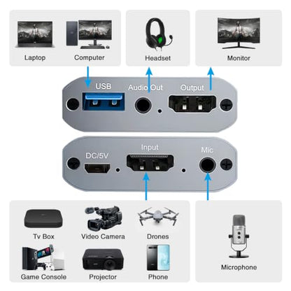 USB 3.0 HDMI Capture Card with 4K60 Input and Loop-Out, 1080P60 Ultra-Low Latency Game Capture for Streaming, Plug & Play with Mic/Audio Input, Compatible with PS5/Xbox/Switch/PC/OBS - color: UCH703 USB 3.0 4K HDMI Capture Card With Loopout