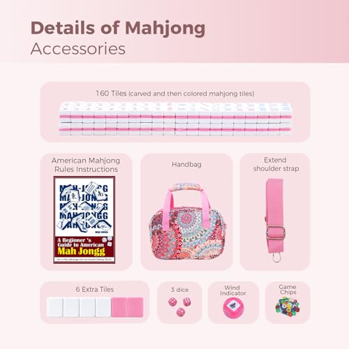 American Mahjong Tile Set with Printed Handbag, 166 Premium Pink Tile and Accessories, Portable and Stylish Mahjong Set, Mahjong Game Set for Travel, Gifts（Pink, No Racks） - color: Pink