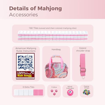 American Mahjong Tile Set with Printed Handbag, 166 Premium Pink Tile and Accessories, Portable and Stylish Mahjong Set, Mahjong Game Set for Travel, Gifts（Pink, No Racks） - color: Pink