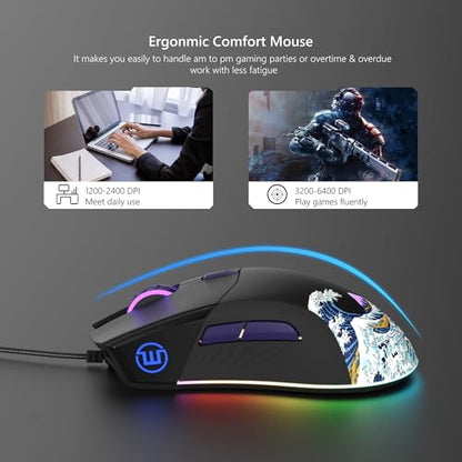 Womier Wired Gaming Mouse,Black RGB Anime Mouse w/Ergonomic Computer | 12000DPI/6 Programmable Buttons Programmable Buttons for Laptop PC Mac Windows (G705 V2 Kanagawa) - color: Black
