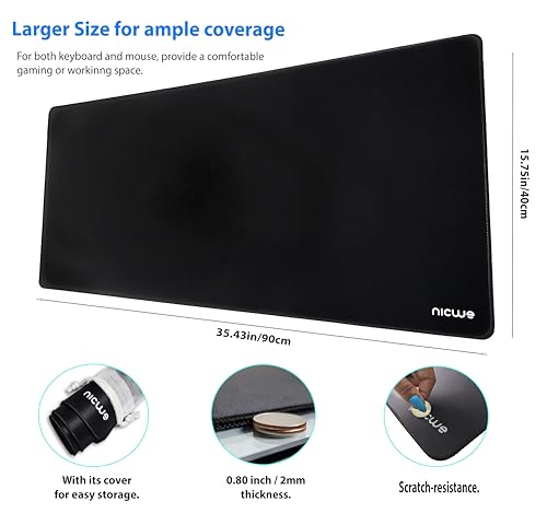 XXL Desk Pad – Large Micro Woven Cloth Mouse Pad with Non‑Slip Rubber Base, Waterproof, Double‑Stitched Edges – 35.4 x 15.75 in (Black)