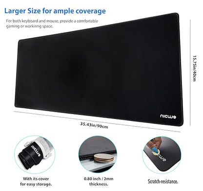 XXL Desk Pad – Large Micro Woven Cloth Mouse Pad with Non‑Slip Rubber Base, Waterproof, Double‑Stitched Edges – 35.4 x 15.75 in (Black)
