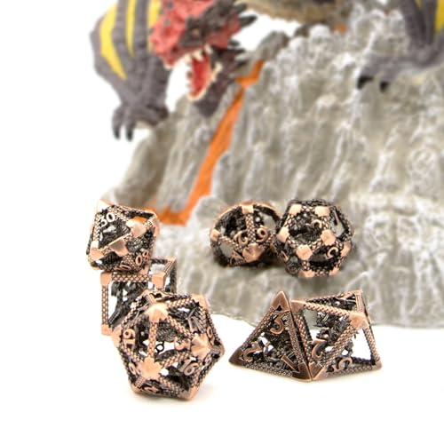 DND Dice Set,3D Hollow Dragon Metal 7-Die,Antique Red Copper | copper construction,68g balanced weight,engraved numbers,gift box and velvet bag for DND RPG play - color: 3d-copper