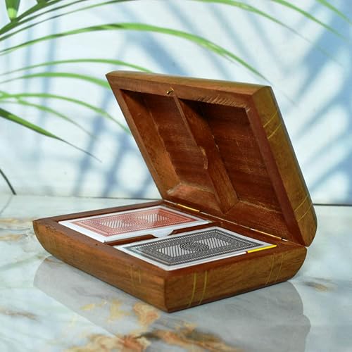 Playing Cards Holder, Handmade Wooden Card Storage Box with Brass Inlay Design, Anniversary Birthday Gifts Made in India (Design 5) - color: Design 5