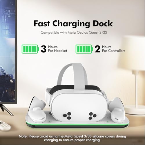 Charging Dock Compatible with Meta Oculus Quest 3/3S, VR Headset Controller Accessories, Charging Station with Closable LED Indicator, Magnetic Charging, Fast Charging, 2 Rechargeable Batteries