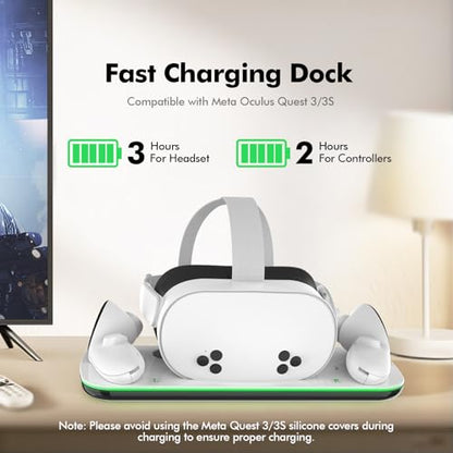 Charging Dock Compatible with Meta Oculus Quest 3/3S, VR Headset Controller Accessories, Charging Station with Closable LED Indicator, Magnetic Charging, Fast Charging, 2 Rechargeable Batteries