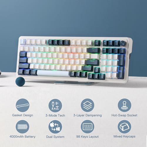 Redragon K686 PRO Wireless RGB Gasket Gaming Mechanical Keyboard, Easy Knob | Multi-Function Control Wheel, 0-Delay Tri-Mode, Cushioned 5-Layer Noise Dampening for Creamy Thocky Sound, Practical 98 Keys - color: Blue Himmel, size: 98 Keys