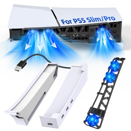 FASTSNAIL Horizontal Stand & Cooling Fan for PS5 Pro/Slim Console - White | Cooling Stand with Auto 3 Fans Speed by Temperature, Controller Charging Station, USB Hub 4 Port for PS5 Slim/Pro Accessories - color: Black/White