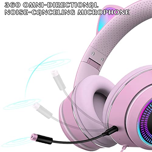 Cat Ear Gaming Headphones Wired AUX 3.5mm with LED Light, VIGROS Flashing Stereo Game Headphones Surround Sound Over-Ear Headsets with Microphone Fit Kids & Adult for PC, PS4, Switch, Mobile, Laptop - color: Pink