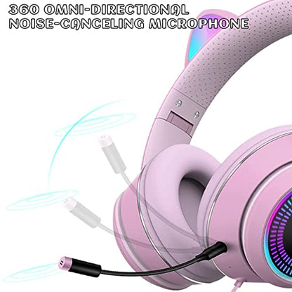 Cat Ear Gaming Headphones Wired AUX 3.5mm with LED Light, VIGROS Flashing Stereo Game Headphones Surround Sound Over-Ear Headsets with Microphone Fit Kids & Adult for PC, PS4, Switch, Mobile, Laptop - color: Pink
