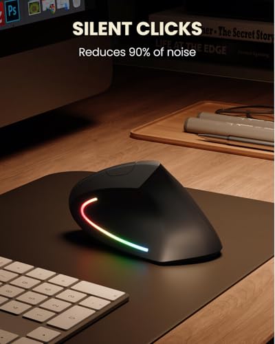POJTK Ergonomic Wireless Rechargeable Mouse, Bluetooth+USB A+Type C(3 in 1) Connection, 5 Levels Up to 4800 DPI, 6 Silent Buttons, 2.4GHz Carpal Tunnel Vertical Mice, for Laptop, Desktop,MacBook-black