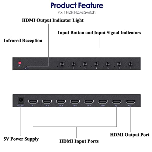 7 in 1 Out HDMI Switch 4K@60Hz with HDR, HDCP 2.2 & 3D and IR Remote Control for PS5, Xbox, Nintendo Switch, Apple TV, Roku, Fire Stick (Home/Office Use) - size: Enhanced 4K60Hz 7×1 HDMI Switch
