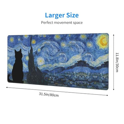 Large Gaming Mouse Pad Desk Mat, Starry Night Cat Extended Keyboard Mouse Pad Mousepad with Non-Slip Base and Stitched Edge Mouse Mat Desk Pad Mouse Pads for Desk Home Office, 31.5 x 11.8 - color: Starry Night Cat