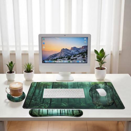 Mystic Forest Desk Mat Set Green Fog Woodland Mouse Pad with Wrist Rest 4in1 Desk Mat for Desktop Ergonomic Computer Desk Arm Wrist Anti-Slip Computer Ergonomic Mouse Pad Home Office Gaming - color: Mystic Forest