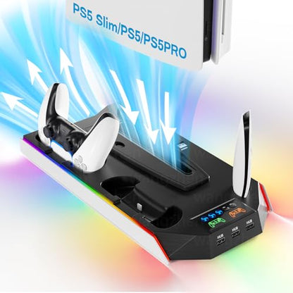PS5 Cooling Station Stand RGB with Dual Controller Charging Station for PlayStation 5 Console, PS5 Accessories Incl. Controller Charger, Cooling Fan, Headset Holder, 3 USB Hub - color: Black & white