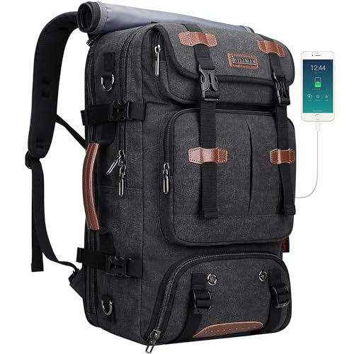 WITZMAN Travel Backpack for Men 40L Large Carry-on Airline Approved | Canvas 3 in 1 Duffle Luggage Bag Fits 16“ Laptop, Shoe Compartment, For Weekend Getaway, Overnight Trip - color: Black