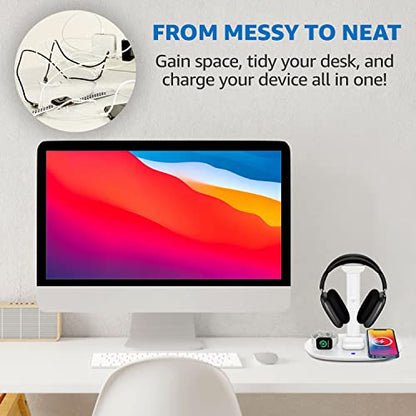 4 in 1 Wireless Charger with Headphone Stand for iPhone 17 16 15 14 13 12 Pro Max, Apple Watch 11 10 Ultra SE, AirPods Max 4 & Samsung S25-15W Gaming Desk Organizer (Adapter Not Included)(White)