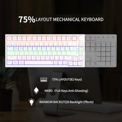 Newmen GM326 75% Percent Mechanical Keyboard,Wired Mini Backlit Hot Swappable Gaming Mechanical Keyboard with Knob,82 Keys Anti-Ghosting Compact White Gaming Keyboards for PC Win Mac,Red Switch - color: White