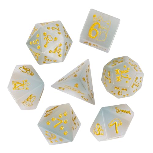 UDIXI Gemstone Dice Set White Cat's Eye Stone DND Dice for Tabletop Games | Natural Stone, Premium Gift Box, DM Gift, for Dungeons and Dragons Role Playing Games - color: White Cat's Eye（cat）