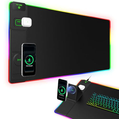 XXL RGB LED Gaming Mouse Pad with Magnetic Wireless Charger & Foldable Phone Holder, 31.5"x15.8" Extended Ultra-Smooth Desk Mat, 25 Lighting Effects, Non-Slip Base - color: RGB-Magnetic Stand-31.5"x15.8"-Left