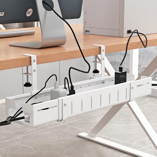 Under Desk Cable Management Tray, Expandable Length 25.2"-38.6",No Drill No Damage to Desk,Cable Tray with Clamp for with Wire Management,for Cord Organizer for Home Office Standing Desk, White