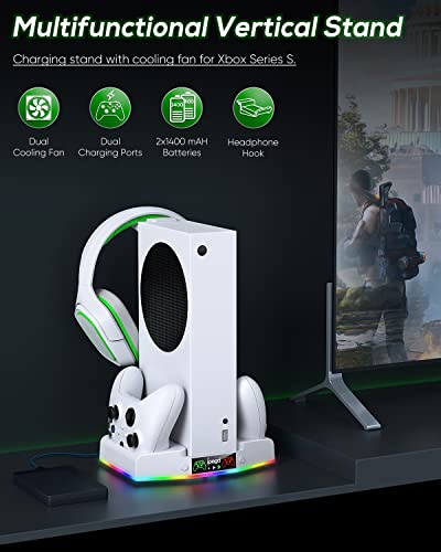 Cooling Stand & Charge Station for Xbox Series S with RGB Light Strip,White | Dual Controller Charger & Cooler Fan for XSS Console Accessories with 2*1400mAH Rechargeable Battery Pack,1*Headphone Hook - color: White