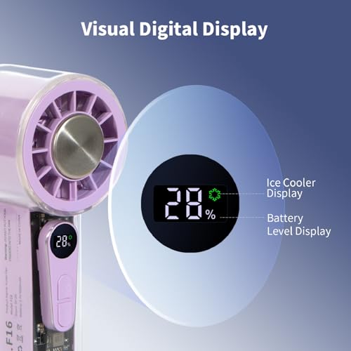 Portable Handheld Fan with Ice Cooler, 5000mAh Battery, 6 Speeds, LED Digital Display, Turbo High Speed Personal Fan, Transparent Design for Travel, Summer, Outdoor, Concerts, Purple - color: Purple