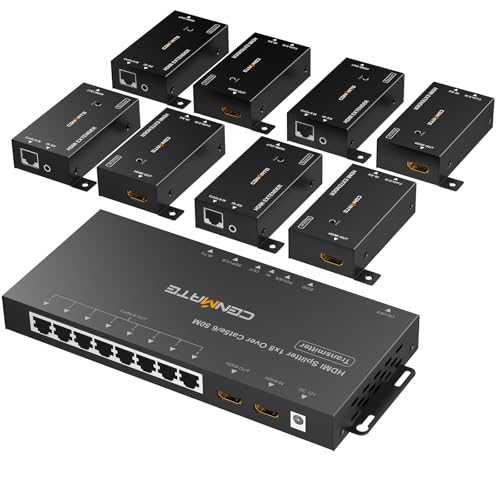 CENMATE 1x8 HDMI Extender Splitter, Up to 165FT Over CAT5e/6/7, 8 Channel Transmission with 1 HDMI Loop Out, Supports IR, 3D, HDCP, EDID, POC - size: 1x8