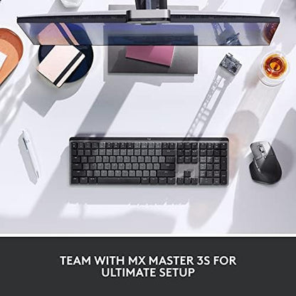 Logitech MX Mechanical Wireless Illuminated Performance Keyboard Linear | USB-C, macOS, Windows, Linux, iOS, Android, metal construction - size: Full Size, style: Linear (smooth typing)