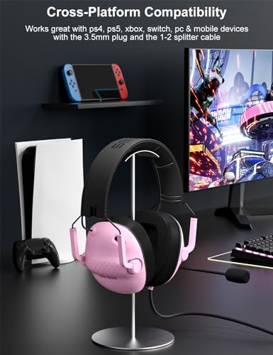 SENZER SG500 Surround Sound Pro Gaming Headset with Noise Cancelling Microphone - Soft Memory Foam Padding - Portable Foldable Headphones for PC, PS4, PS5, Xbox One, Switch - Pink - color: Pink
