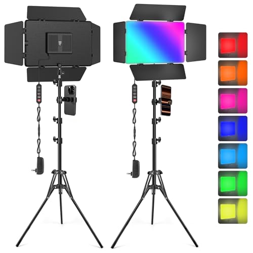 2-Pack LED Video Light Kit with 63'' Tripod Stand, Icceue 2500K-8500K Dimmable Studio Photography Panel Lighting for Video Recording Game Live Streaming Podcast YouTube Filming (2 Pack RGB) - size: 2 Pack RGB (with Barndoor)