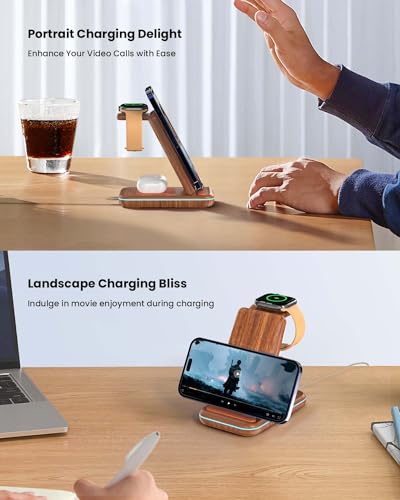 Wireless Charging Station: GEEKERA 3 in 1 Foldable Wireless Charger Stand for iPhone 17/16/15/14/13/12/11/Pro Max/X/8, Charging Station for Apple Watch Ultra/SE/11/10/9/8/7/6/5/4, AirPods 4/3/2/Pro - color: Dark Wood
