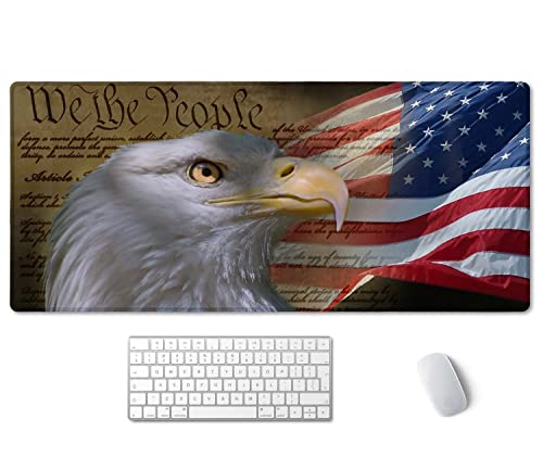SSOIU Bald Eagle on American Flag Mouse Pad 35.5 X 15.7 Inch XXL Full Desk Mousepad Extended Large Non-Slip Rubber Base Waterproof Big Keyboard Mat with Stitched Edges for Gaming and Office - color: Bald Eagle on American Flag