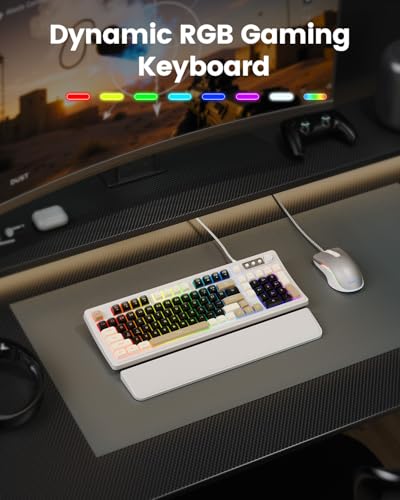 SABLUTE Gaming Keyboard and Mouse, Quiet Membrane with RGB Backlit, White | PC Gaming Keyboard with Multimedia Knob, Anti-Ghosting, Ergonomic Wrist Rest & 3200 DPI Mouse for Gamer/Office - color: White-Black