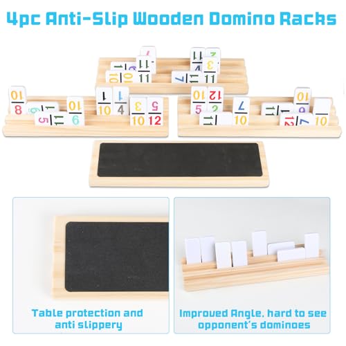 Mexican Train Numbers Dominoes with 4 Wood Trays, Color Double 12 Numerical Domine Set for Adults and Family, Classic 91 Tiles Board Grame with Waterproof Case