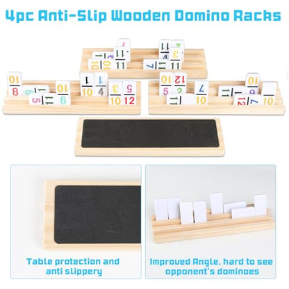 Mexican Train Numbers Dominoes with 4 Wood Trays, Color Double 12 Numerical Domine Set for Adults and Family, Classic 91 Tiles Board Grame with Waterproof Case