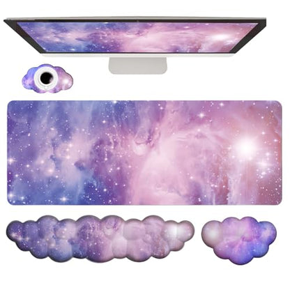 Cloud Wrist Rest Keyboard Purple Cloud Mouse Pad Set 4PCS Galaxy Large Desk Mat Ergonomic Space Wrist Pad Support Memory Foam Non-Slip Wrist Rest for Keyboard and Mouse Computer Gaming Home Office - color: 4pcs Purple Galaxy