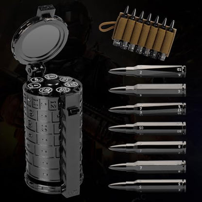 CZYY Rifle Bullet Dice Set, Metal 7 Polyhedral Dice Set for Tabletop Games | D4 to D20 & D%, Spinning Cylinder-Style Case, Cartridge Holder Belt, Gift for RPG Players & Collectors, Black - color: Black