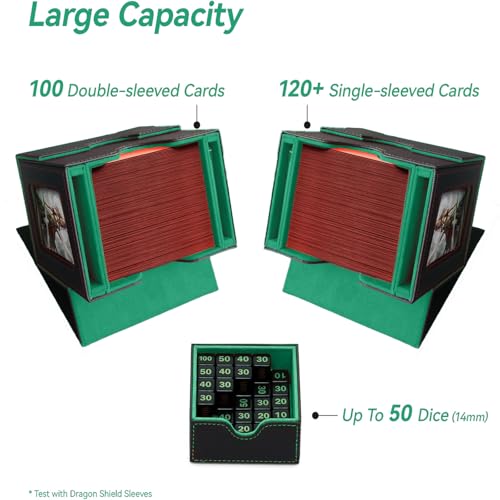 CMFYlive Card Deck Box for Commander Deck Box MTG Deck Box Fits 100 Double Sleeved Cards, Magic Commander TCG Card Storage Box with 2 Dividers,Drawstring Bag and 1 Toploader (Black/Green) - color: Black/Green