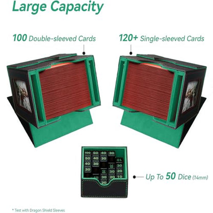 CMFYlive Card Deck Box for Commander Deck Box MTG Deck Box Fits 100 Double Sleeved Cards, Magic Commander TCG Card Storage Box with 2 Dividers,Drawstring Bag and 1 Toploader (Black/Green) - color: Black/Green